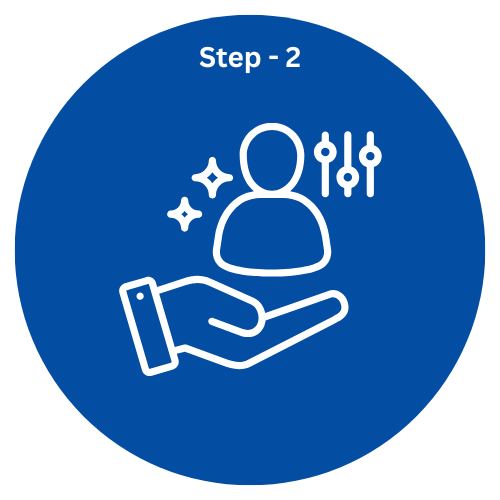 Step 2 icon featuring a hand supporting a person with sparkles and adjustment sliders, symbolizing personalized chiropractic care. Blue background. Related to Lacombe Chiropractor &amp; Korsh Spinal Health.