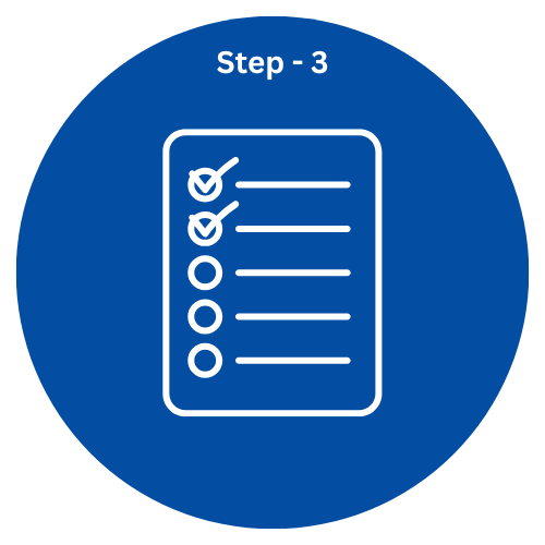 Checklist icon labeled 'Step - 3' on a blue circular background, representing organization and planning in chiropractic care at Korsh Spinal Health, Lacombe.